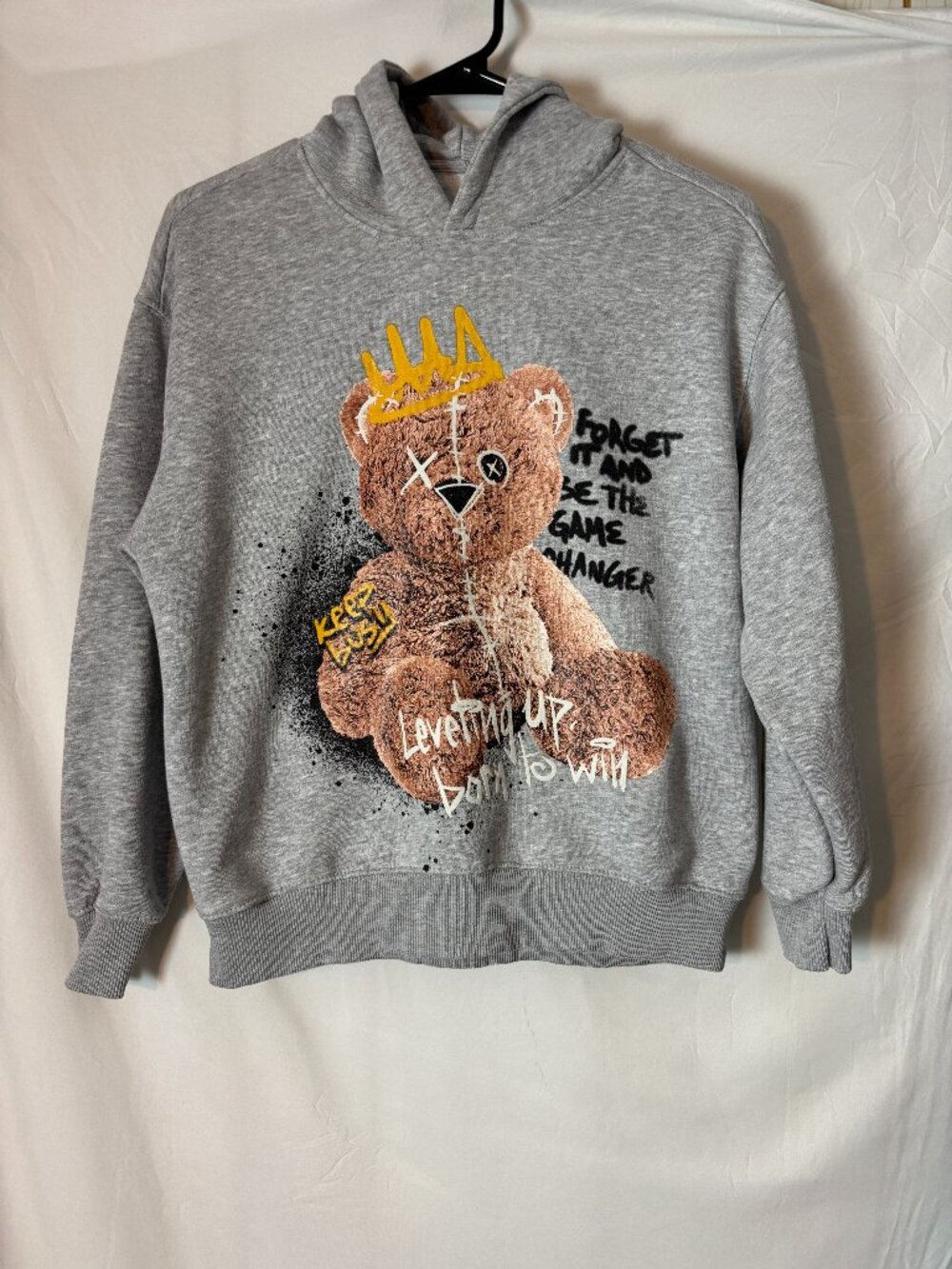 Zara Boys Gray Graffiti Teddy Bear Graphic Hoodie Size 11–12 Years
